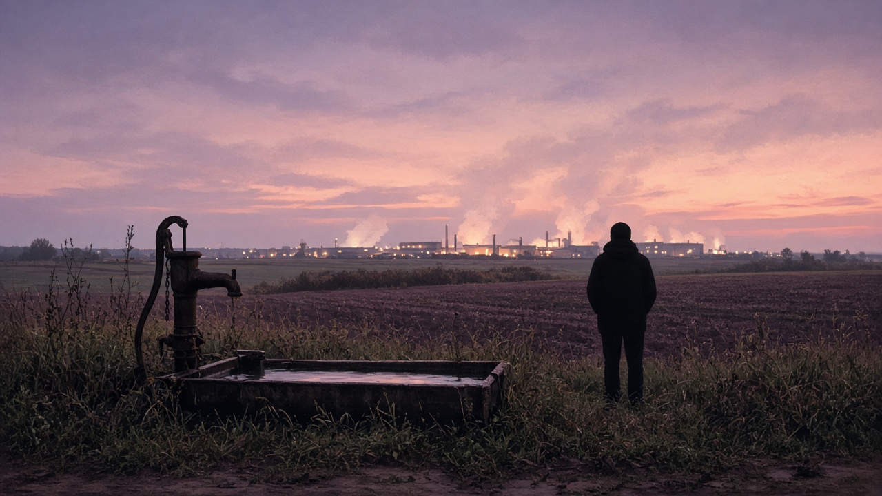 A person seen from behind at the edge of a farm field beside an old hand water pump, with industrial buildings and vapor glowing on the horizon at dusk.