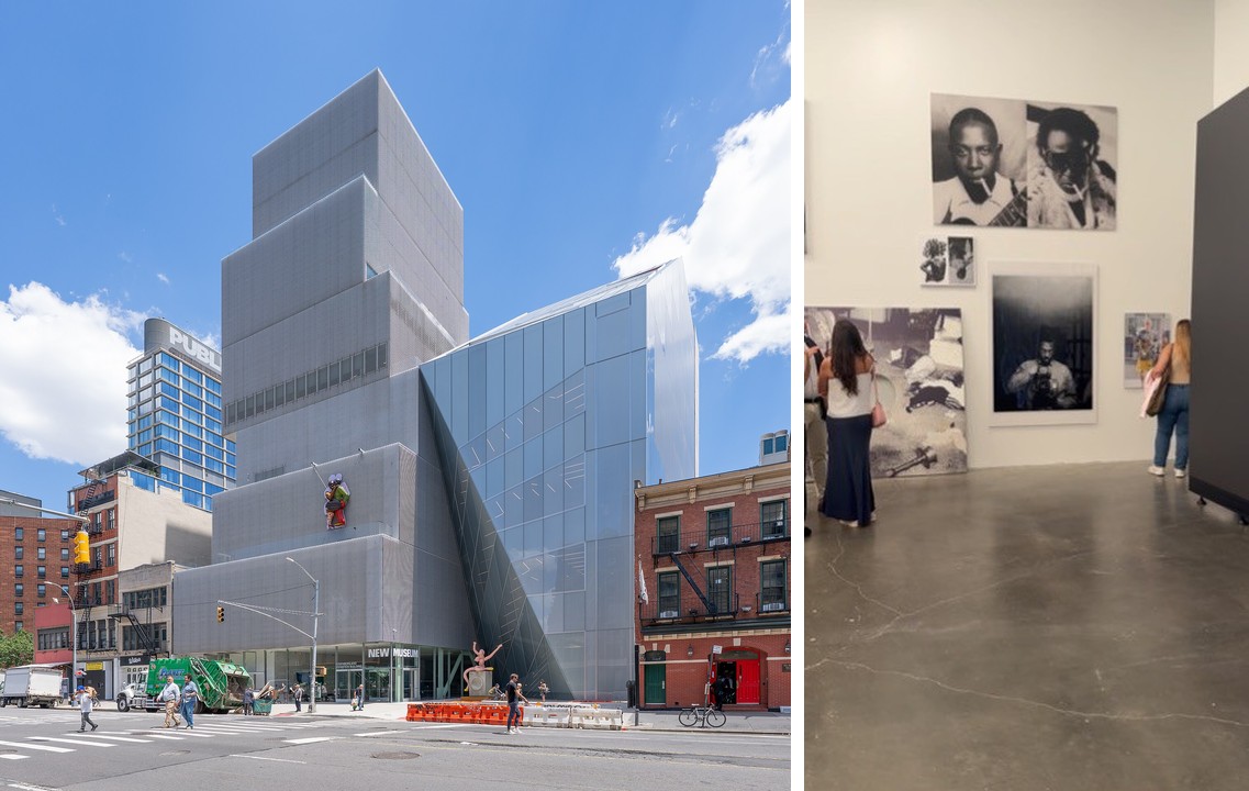 Left: the New Museum's expanded building on the Bowery, a stack of silver mesh boxes beside a glass addition. Right: a white gallery in Arthur Jafa: I Am Tony hung with large black-and-white portraits as two visitors look on.